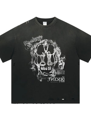 Black distressed graphic tee with skull print and text detail.