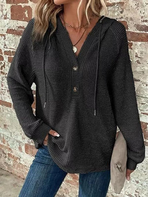 Full Size Waffle Knit Half-button Hoodie Plus Size in Black, close-up detail