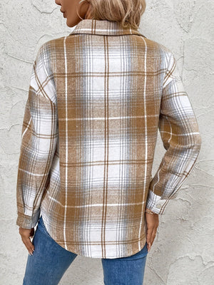 Plaid zip-through utility blouse in camel with a relaxed fit and button cuffs.