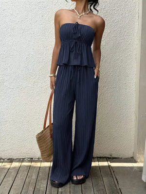 Navy ruffled peplum tube top with drawstring and wide-leg pants set