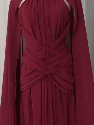 Ruched Halter Neck Cape Maxi Dress in Red, view 11