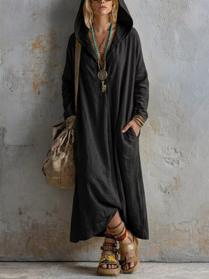 Long Sleeve Hooded Midi Dress With Pockets in White, model styling view