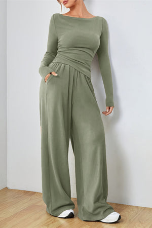 Matcha green boat neck loungewear set with long sleeves and wide leg pants.