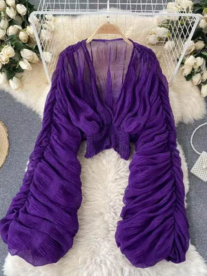 Purple ruched sleeve deep v-neck blouse with smocked waist