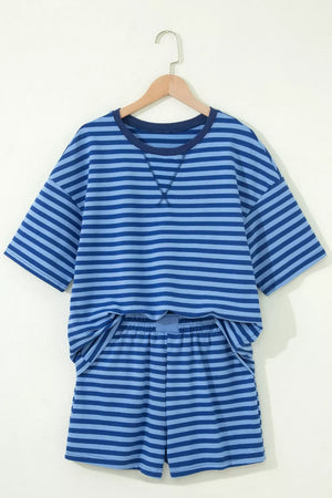 Relaxed blue striped cotton two-piece set with crew neck t-shirt and shorts.