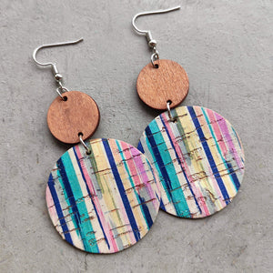 Cork & wood stripe disc earrings with boho pattern and colorful stripes.