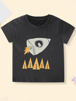 Dark grey cotton crew neck toddler t-shirt with rocket and tree graphic