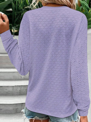Lavender lace-effect henley with button detail and long sleeves.