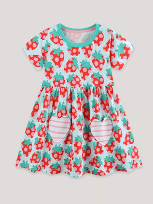 Baby girls' light blue cotton dress with a red strawberry print and pink striped heart pockets.