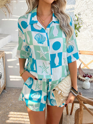 Coastal Tile Print Co-ord Set in multicolor with button-up shirt and shorts, featuring shells and starfish pattern.