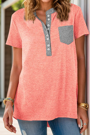 Burnt Coral henley tee with grey contrast collar, button placket, and patch pocket