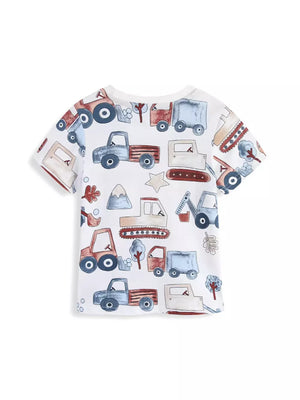 White cotton t-shirt with playful construction truck graphic print.