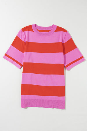 Striped knit tee in hot pink and red with short sleeves and crew neck.