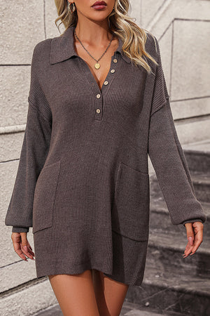 Ribbed knit polo dress in chocolate with button placket and patch pockets.