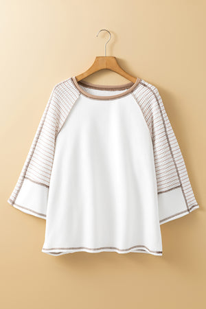 Textured raglan sleeve tee in white with brown trim and striped sleeves.