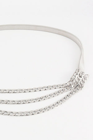 Silver chain cascade belt with elastic band and three layered curb chains.