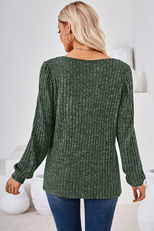 Puffed sleeve ribbed square neck top in Matcha Green with long sleeves.