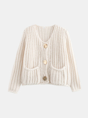 Beige chunky knit cardigan with statement buttons and patch pockets