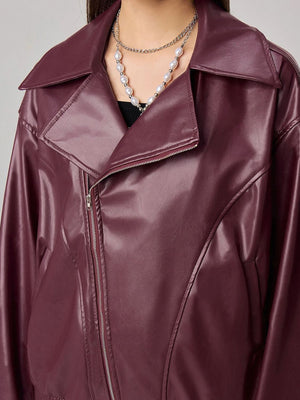 Plum purple faux leather biker bomber jacket with a zip front and wide collar.