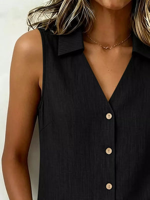 Full Size Button-up Sleeveless Collared Top in Navy, model styling view