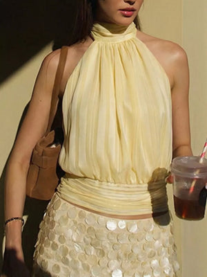 Yellow ruched halter cami top with gathered waist detail