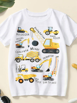 White cotton crew neck t-shirt with playful construction vehicle graphics and text.