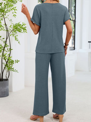 French blue waffle knit two-piece set with short sleeves and wide-leg pants