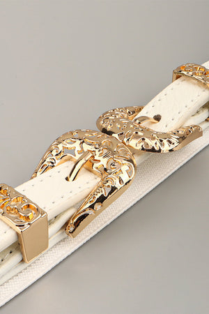 White elastic waist belt with ornate gold buckle detail