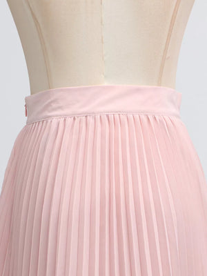 Pink pleated skirt with a side zipper detail and satin waistband.