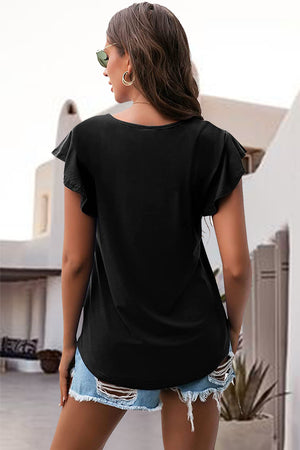 Black ruffled sleeve tee with scoop neck, casual everyday basic top.