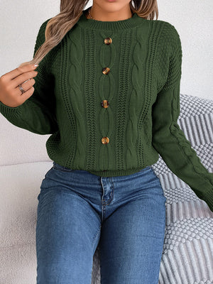 Army green cable-knit button-up sweater with wooden buttons.