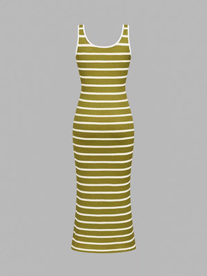 Matcha ribbed striped bodycon midi dress with white trim.