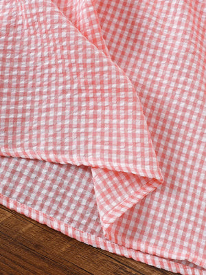 Children's Smocked Plaid Ruffle Sleeve Dress in Pink, fabric detail