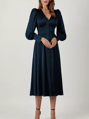 Elegant V-neck Puff Sleeve Button-down Midi Dress in White, view 22