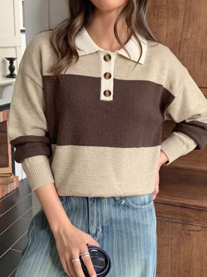 Color Block Polo Collar Sweater in Coffee Brown, front view