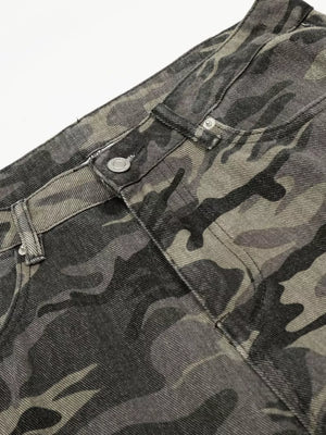 Men's cotton cargo pants with urban camouflage pattern and button closure detail.