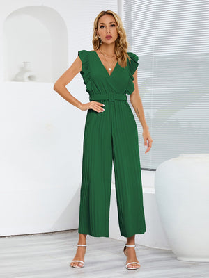 Dark Green pleated ruffle wrap jumpsuit with belt and V-neck.