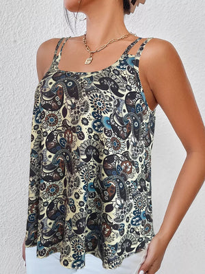 Relaxed tank top with intricate paisley print in black, brown, and blue. Features double straps.