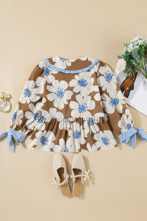Brown floral print blouse with Peter Pan collar and tie sleeves