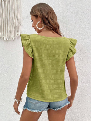 Textured ruffle sleeve square neck blouse in Yellow-Green.