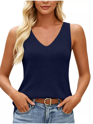 V-neck Ribbed Knit Tank Top in Navy, editorial view