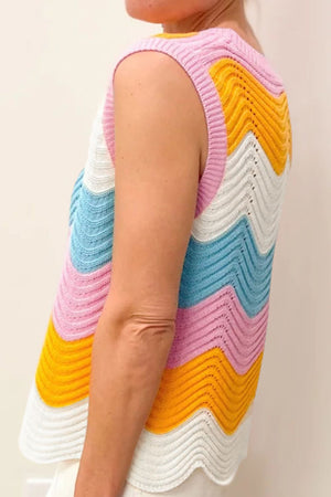 Chevron knit tank top in stripe pattern with pink trim and acrylic knit.