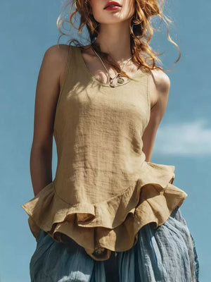 Khaki ruffled hem sleeveless tank top with a scoop neck.