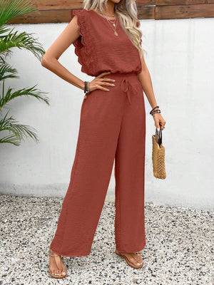 Terracotta textured ruffle sleeve drawstring jumpsuit with wide leg pants