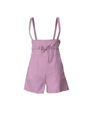 Dusty Pink high-waisted drawstring suspender shorts with tie waist and pockets.