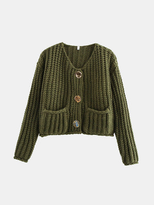 Army green chunky knit cardigan with statement buttons and pockets