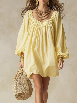Flowy Balloon Sleeve Mini Dress in Army Green, front view