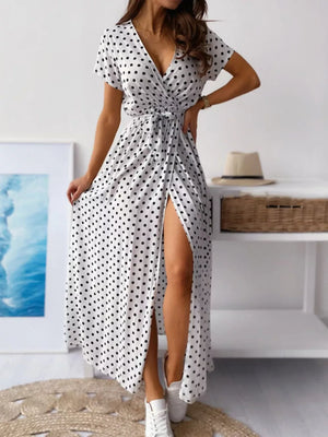 Polka Dot Surplice Maxi Dress With Slit in Dusty Pink, back view