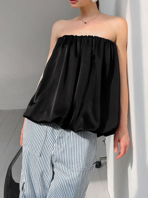 Black strapless bubble hem top with gathered neckline and cinched hem