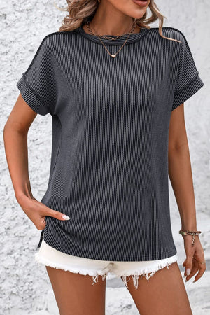 Dark Gray vertical ribbed tunic tee with split hem and cuffed short sleeves.
